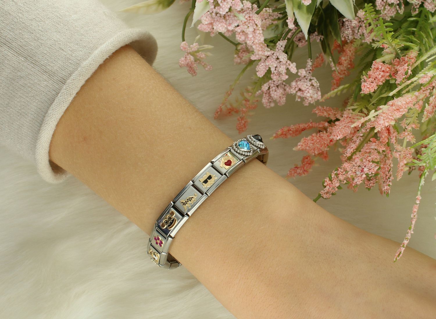 Nomination Link 18K Brokatowy fuksjowy kwiatek 030330 17.png